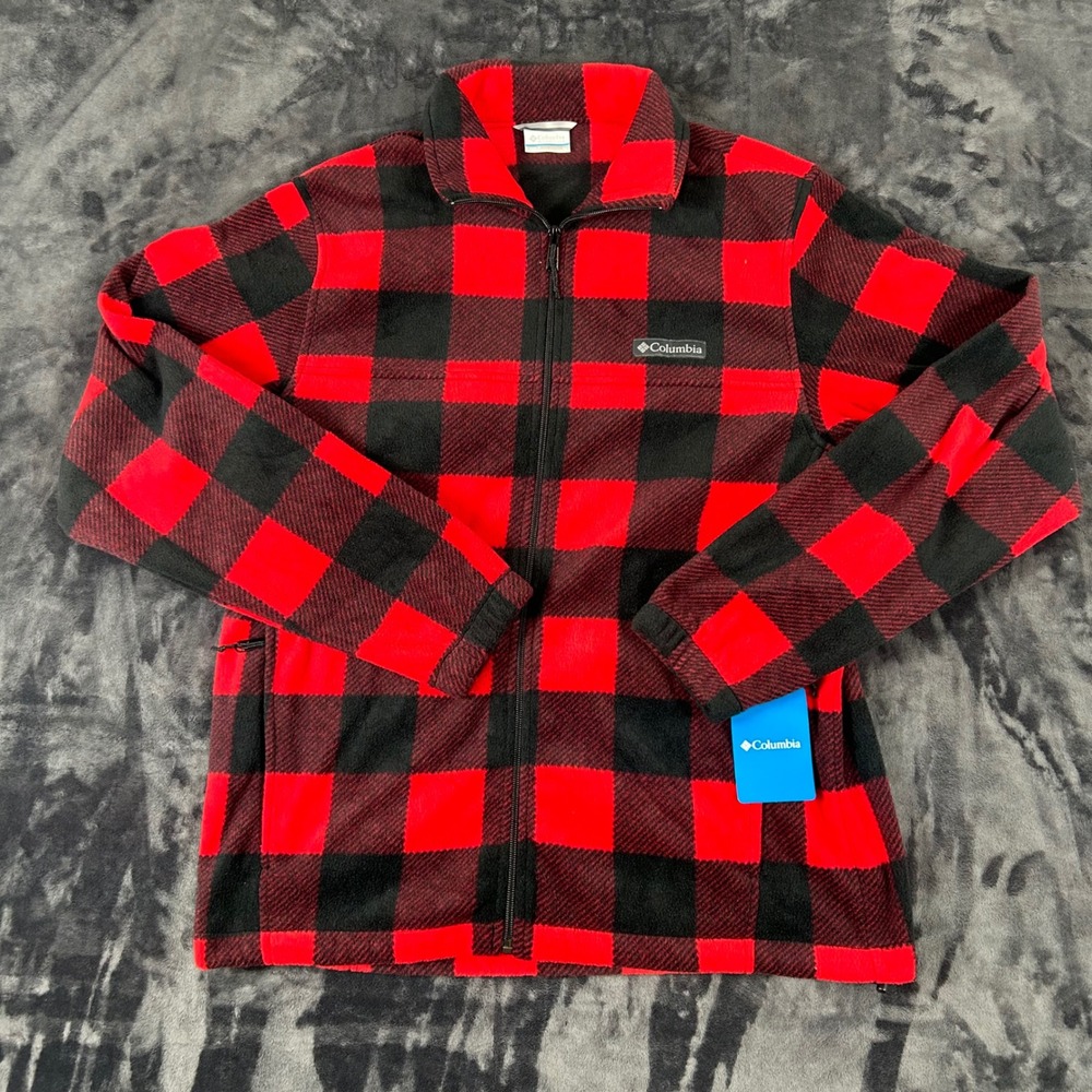 Columbia Fleece Jacket Mens Medium Red Buffalo Plaid Steens Mountain WM6017